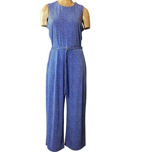 Michael Kors Blue Ditzy Floral Print Wide Leg Sleeveless Jumpsuit Sz L #49M - Picture 1 of 13